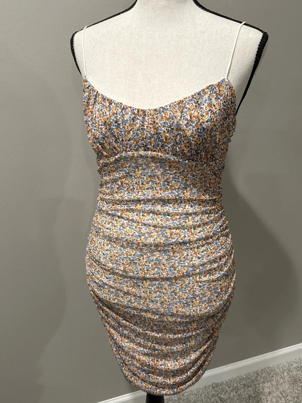 Garage Floral Ruched Cami Mini Dress in Blue, Mustard & Cream